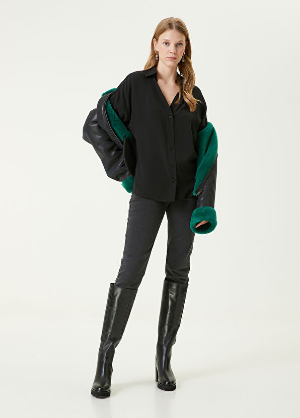 Beymen Club Siyah Kaçık Yaka Twill İpek Gömlek - 2