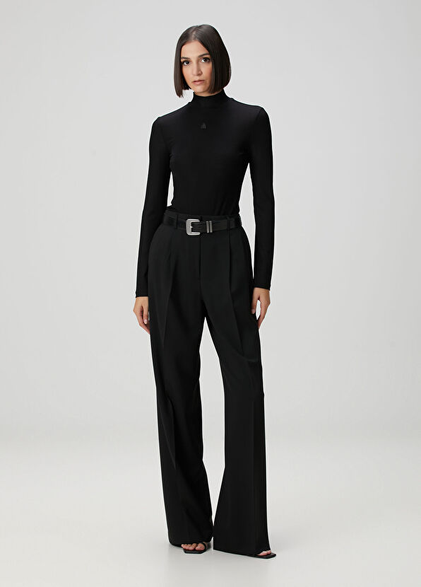 Siyah Bol Paça Yün Pantolon - Görsel 4