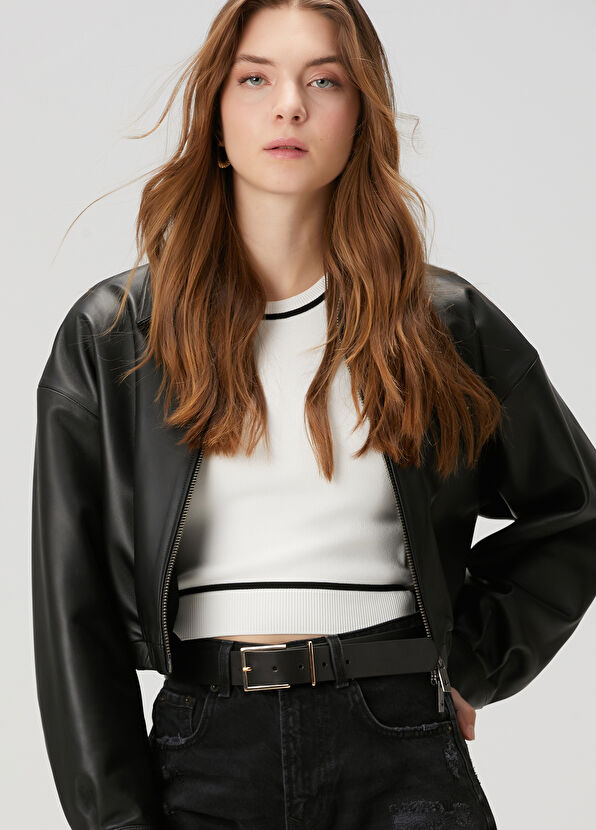 Beymen Club Black Crop Leather Jacket - 1