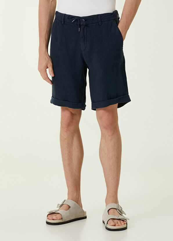 Beymen Club Regular Fit Navy Blue Drawstring Waist Linen Shorts - 2