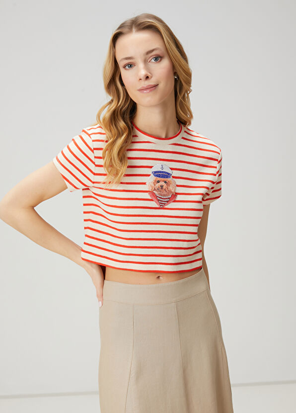 Beymen Club Ecru Striped Dog Appliqued T-Shirt - 3