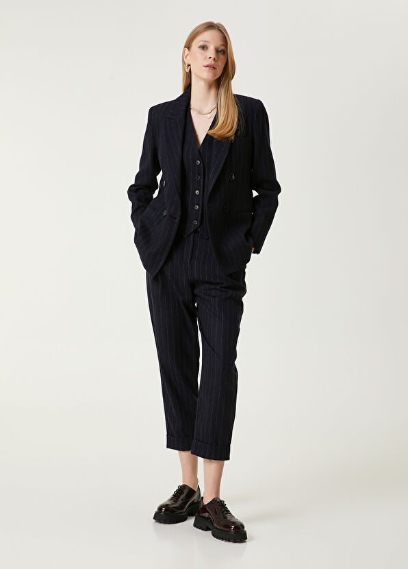 Beymen Club Lacivert Çizgili Yün Pantolon - 1