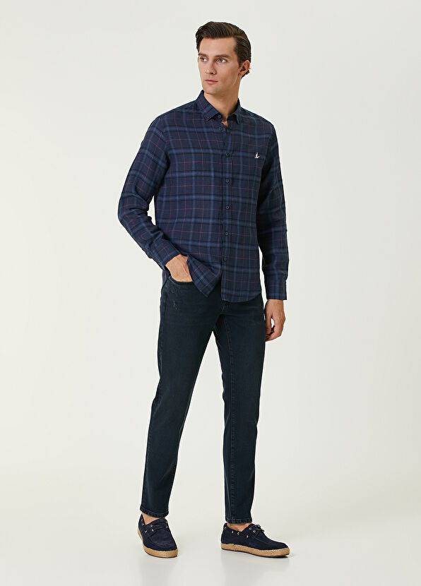 Beymen Club Lacivert Ekose Desenli Kırmızı Şeritli Gömlek - 3