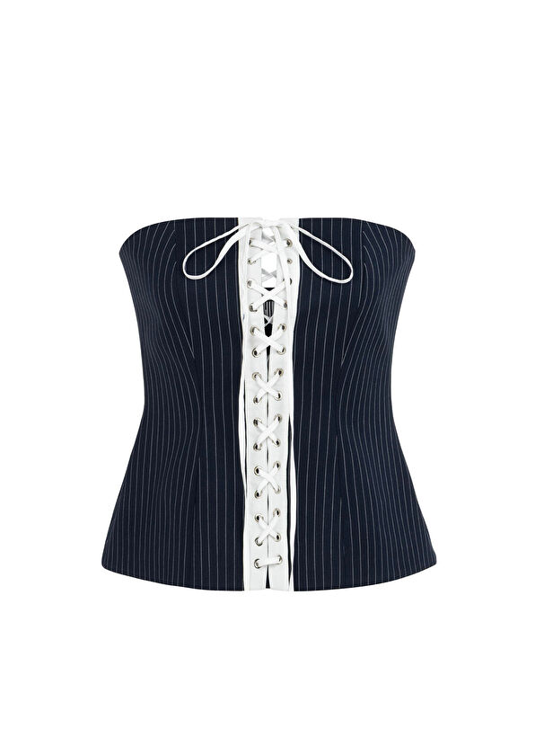 Feel The Lotus Elizabeth Deep Sea Blue White Çizgili Kadın Korse Bluz - 1