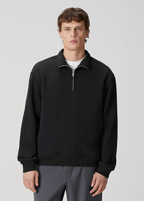 Academia Siyah Yakası Fermuarlı Sweatshirt - 2