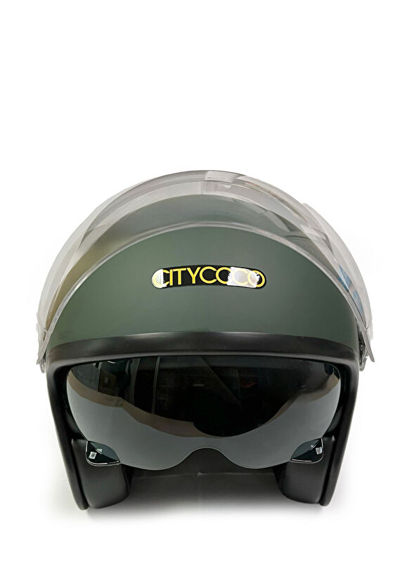 Citycoco Vintage Stil Çift Vizörlü Mat Yeşil Unisex Yarım Açık Motosiklet Kaskı - 1