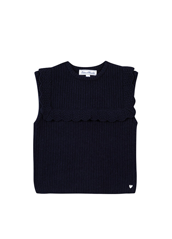 Tartine Et Chocolat Navy Blue Round Neck Knitted Baby Girl Sleeveless Sweater - 1