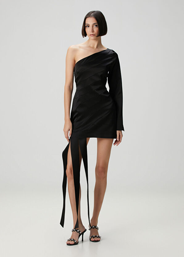 Siyah Bant Detaylı Mini Kokteyl Elbise - Görsel 4