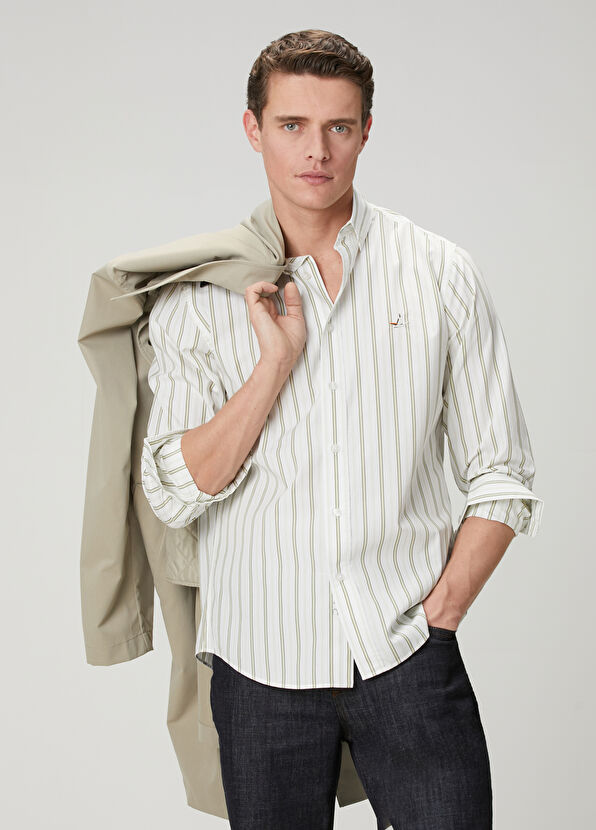 Beymen Club Beyaz Yeşil Çizgili Comfort Fit Pamuklu Gömlek - 3