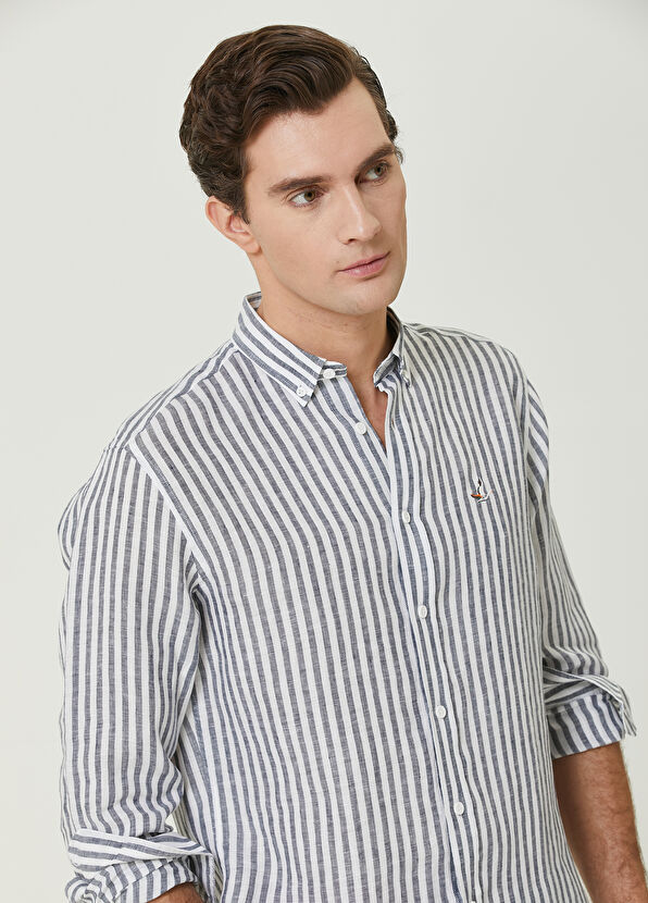 Beymen Club Comfort Fit Lacivert Sarı Çizgili Keten Gömlek - 2