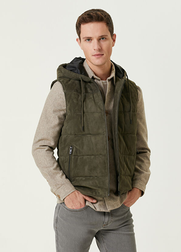 Beymen Club Khaki Hooded Quilted Suede Vest - 1