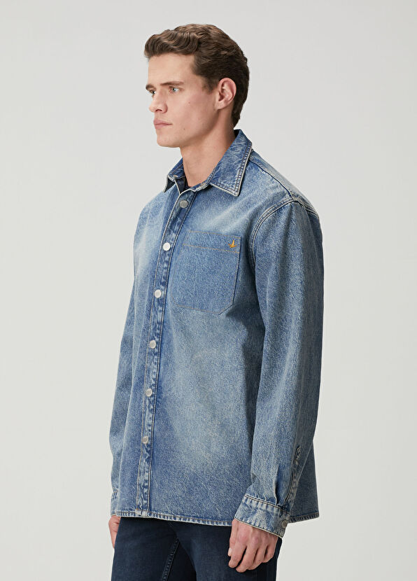 Beymen Club Mavi Oversize Fit Tek Cepli Jean Gömlek - 4