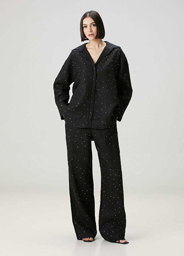 Siyah Taş Detaylı Keten Gömlek - Görsel 4