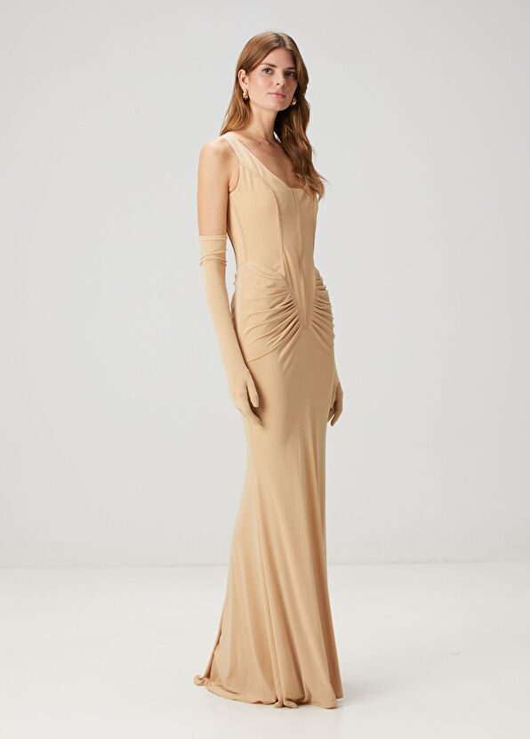 Luna B Iris Beige Maxi Evening Dress - 2