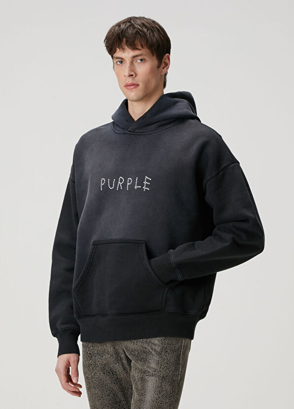 Purple Brand Siyah Kapüşonlu Logo Detaylı Sweatshirt - 1