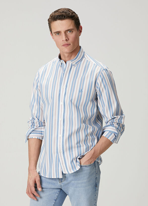 Beymen Club Comfort Fit Mavi Beyaz Çizgi Desenli Gömlek - 1