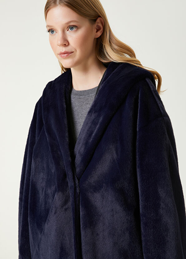 Beymen Club Navy Blue Hooded Faux Fur Coat - 2