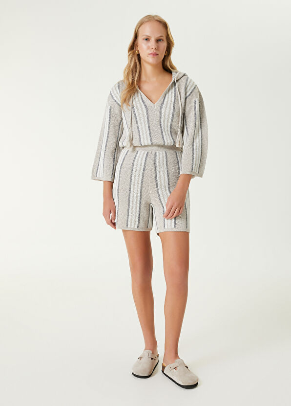 Beymen Club Bej Çizgili Keten Triko Şort - 1