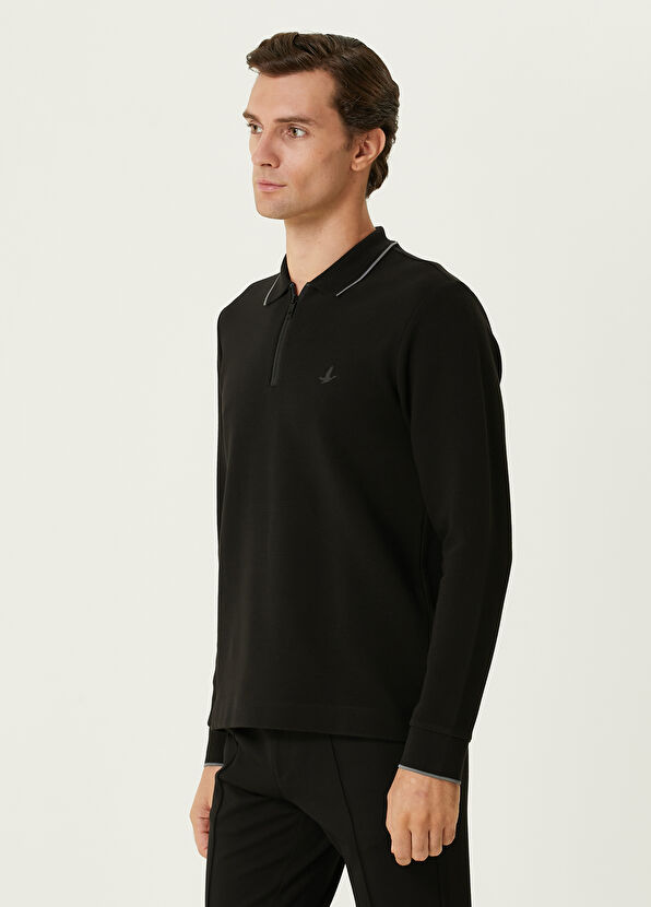 Beymen Club Slim Fit Siyah Polo Yaka Ottoman Dokulu Sweatshirt - 4