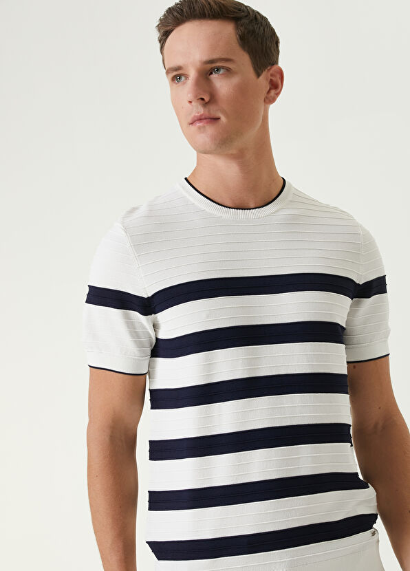 Beymen Club Navy Blue White Jacquard Short Sleeve Sweater - 2