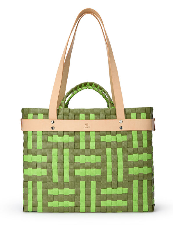 Chivit Andriake Basket Bag Olive Büyük Boy El Yapımı Kadın Omuz Çantası - 2