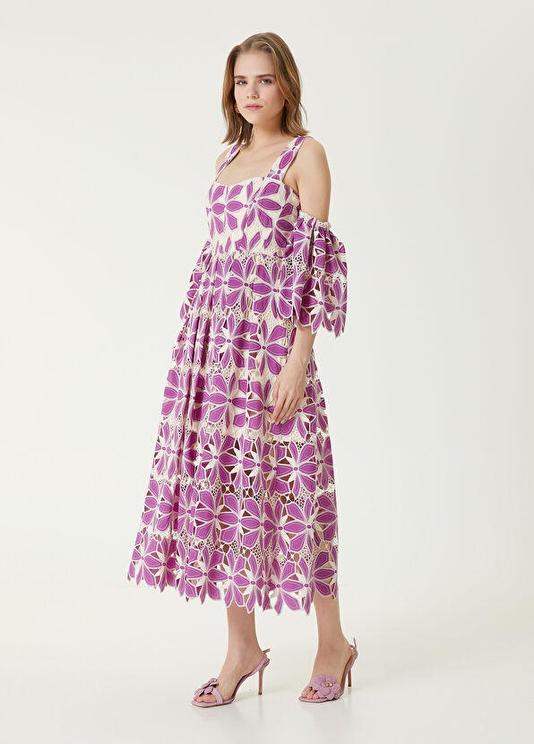 Beymen Club Purple Cream Embroidered Midi Dress - 1