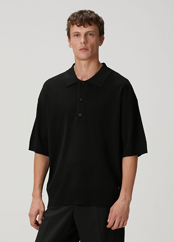 Siyah Polo Yaka Kısa Kollu Oversized Triko - Görsel 5