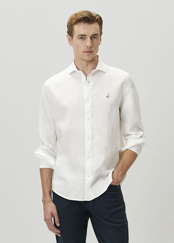 Beymen Club White Comfort Fit Italian Collar Linen Shirt - 2