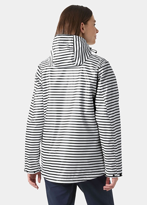 W Moss White Çizgili Kapüşonlu Kadın Yağmur Ceketi - Görsel 5