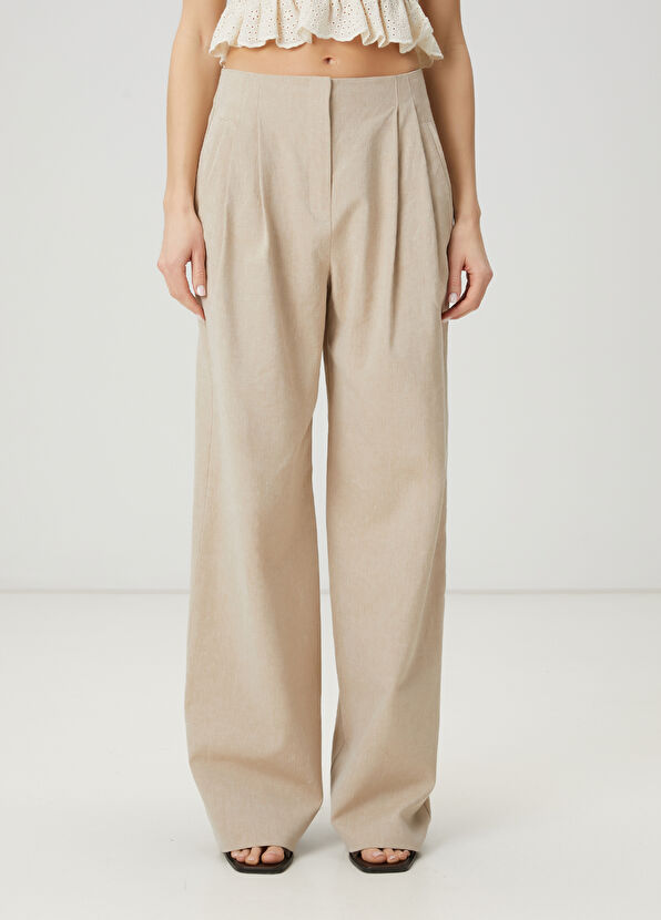 Beymen Club Bej Çift Pilili Keten Pantolon - 2