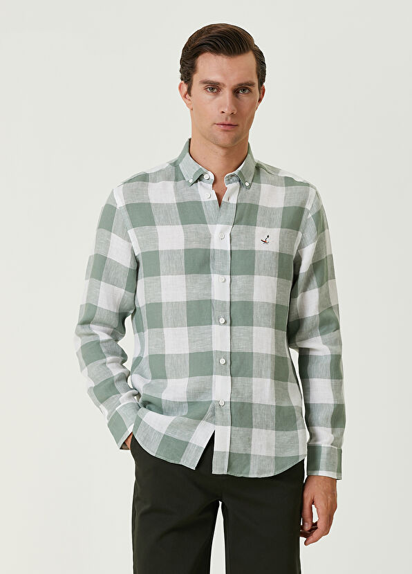 Beymen Club Comfort Fit Açık Haki Ekose Desenli Keten Gömlek - 1