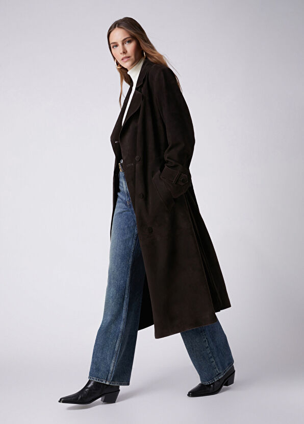Beymen Club Dark Brown Suede Trench Coat - 1