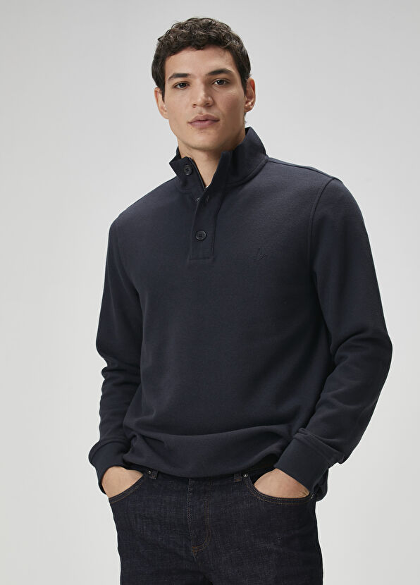 Beymen Club Navy Blue Collar Buttoned Sweatshirt - 2