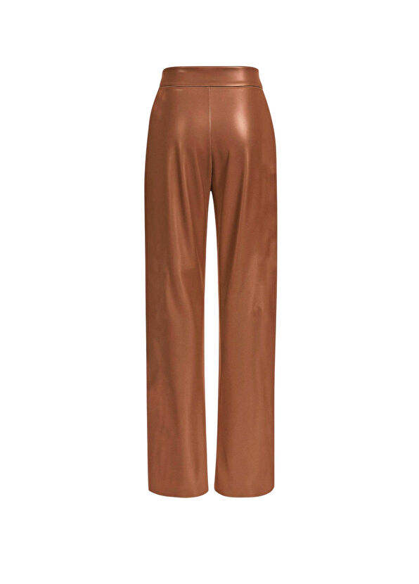 Rivus Tan Vegan Leather High Waist Wide Leg Maxi Length Pleated Women's Trousers - 2