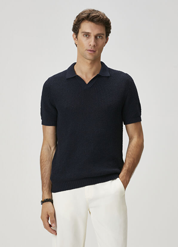 Beymen Club Navy Blue Knit Textured Short Sleeve Sweater - 2