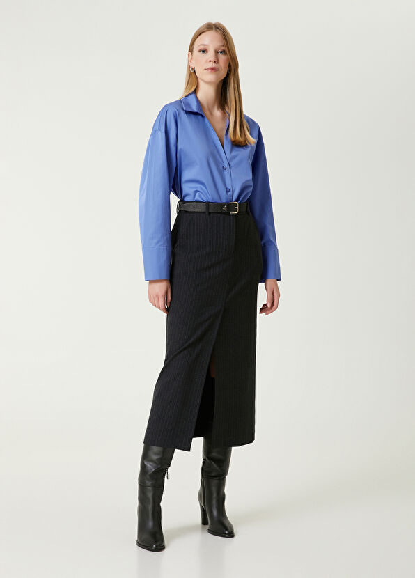 Beymen Club Antrasit Çizgili Midi Kalem Etek - 1