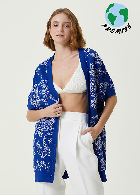 Beymen Club Mavi V Yaka Şal Desenli Hırka - 1