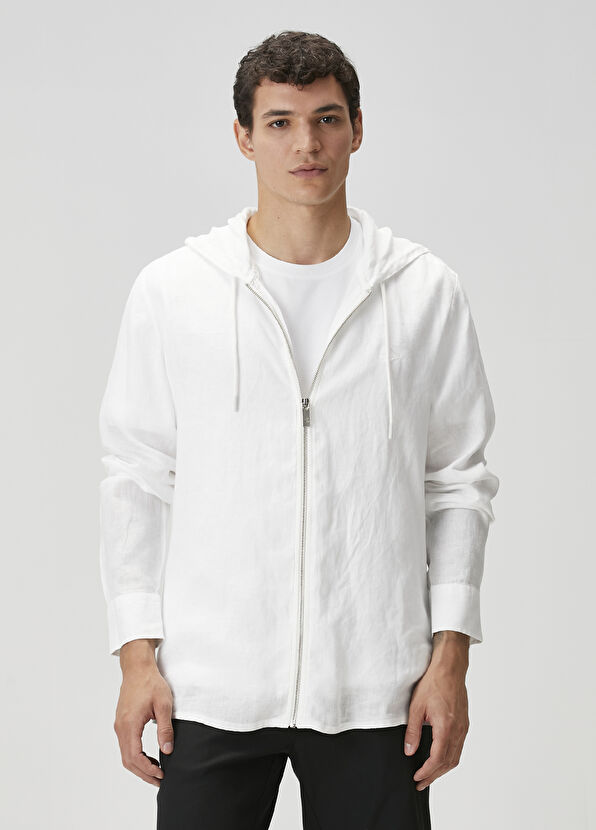Beymen Club Beyaz Kapüşonlu Keten Dış Gömlek - 1