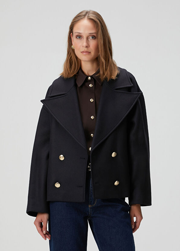 Lacivert Kruvaze Yün Kaban - Görsel 2