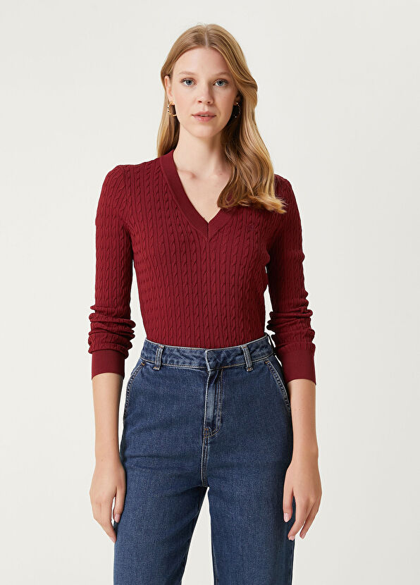 Beymen Club Burgundy Knit Textured Sweater - 4