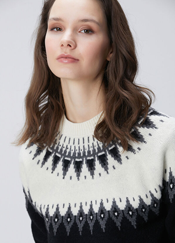 Network Siyah Desenli Yün Karışımlı Kazak - 2