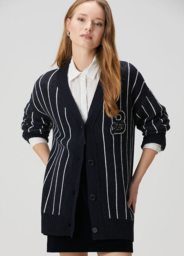 Beymen Club Lacivert Çizgili Yün Hırka - 1