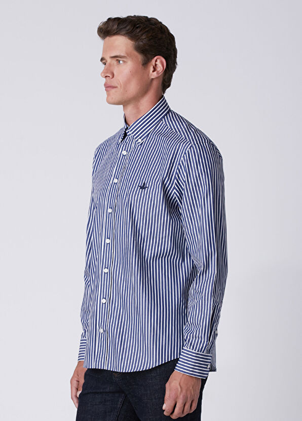 Beymen Club Comfort Fit Navy Blue White Striped Poplin Shirt - 4