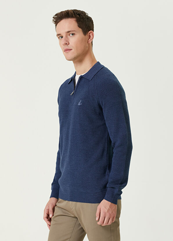 Beymen Club Koyu Mavi Polo Yaka Fitilli Yün Triko - 3