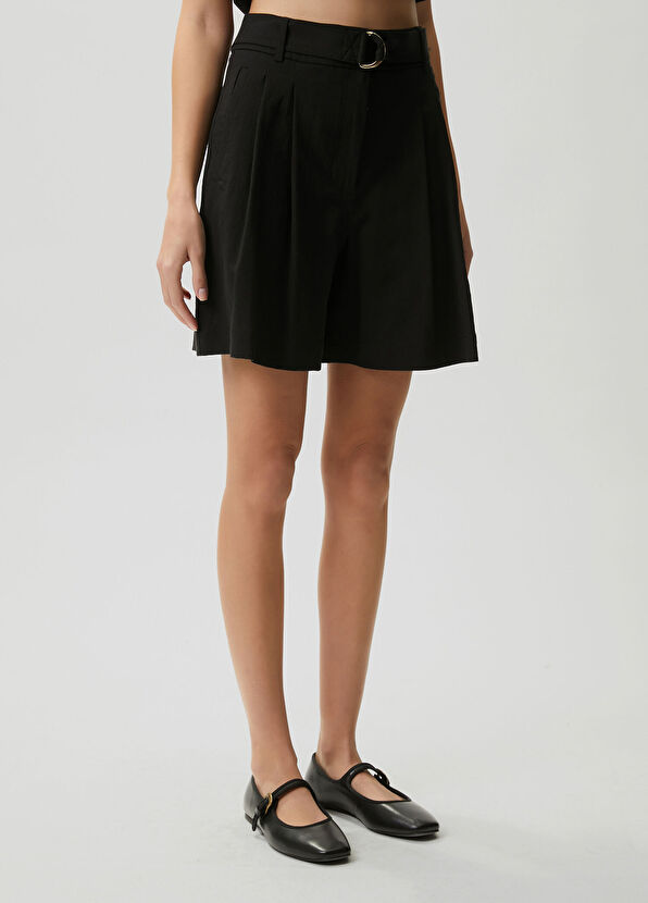 Beymen Club Siyah Pileli Rahat Kesim Keten Şort - 4