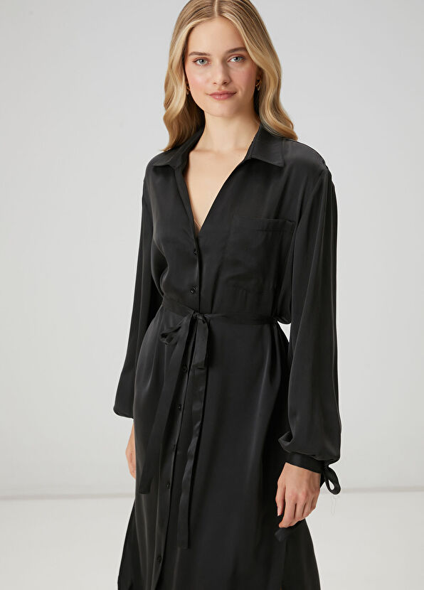 Beymen Club Black Midi Silk Satin Dress - 2