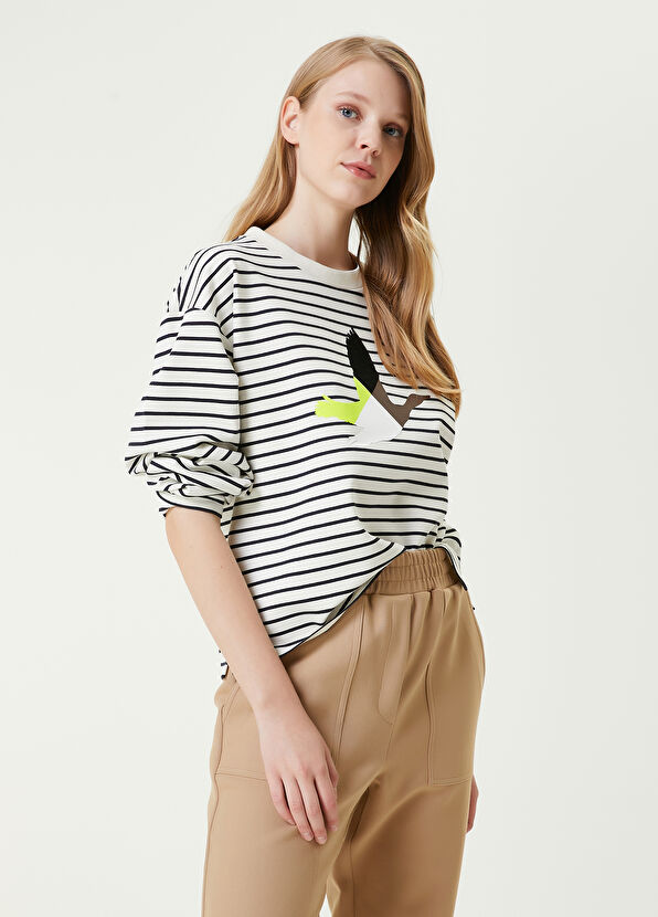 Beymen Club Ekru Bisiklet Yaka Çizgili Sweatshirt - 1