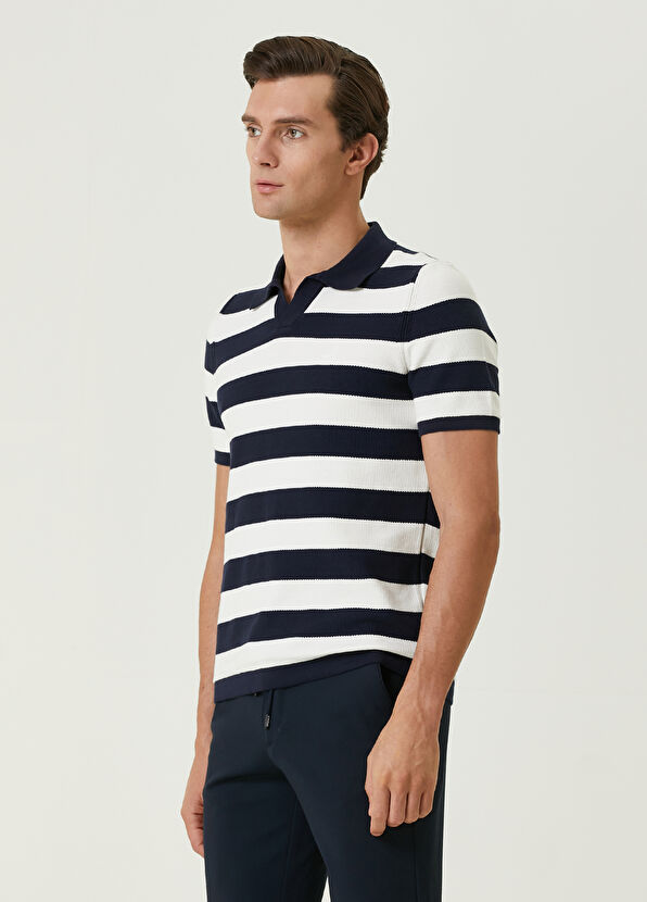 Beymen Club Navy Blue Stripe Jacquard Short Sleeve Polo Sweate - 4