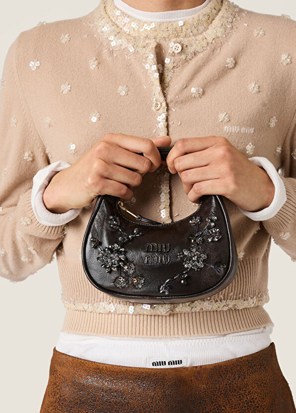 Miu Miu Wander İşlemeli Kahverengi Deri Kadın Mini El Çantası - 2