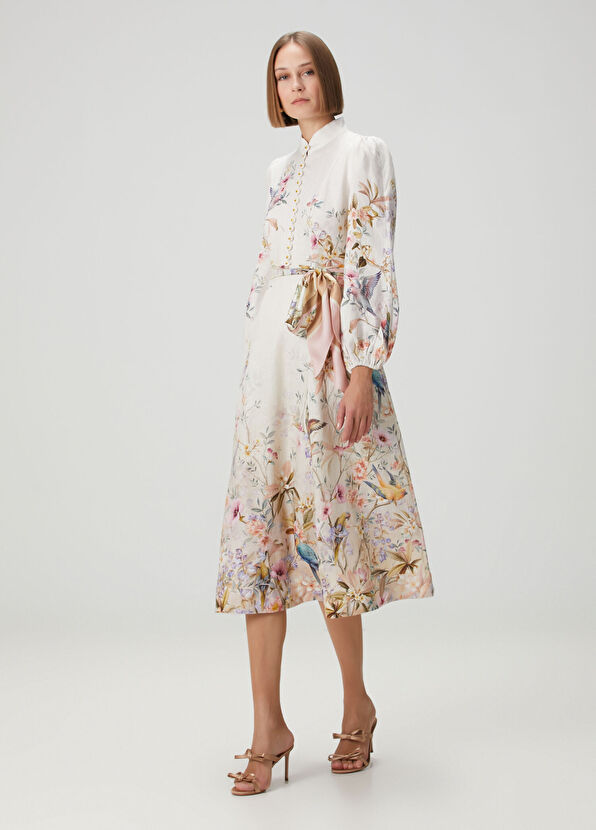 Rebellion Krem Desenli Midi Keten Elbise - Görsel 3